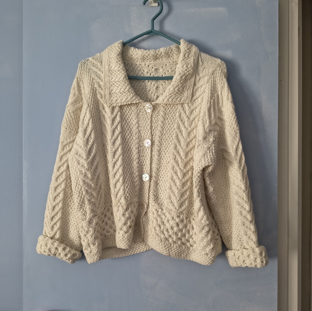 Beautiful Sezane Like Cream Organic Cotton Hand Knit Cardigan XL